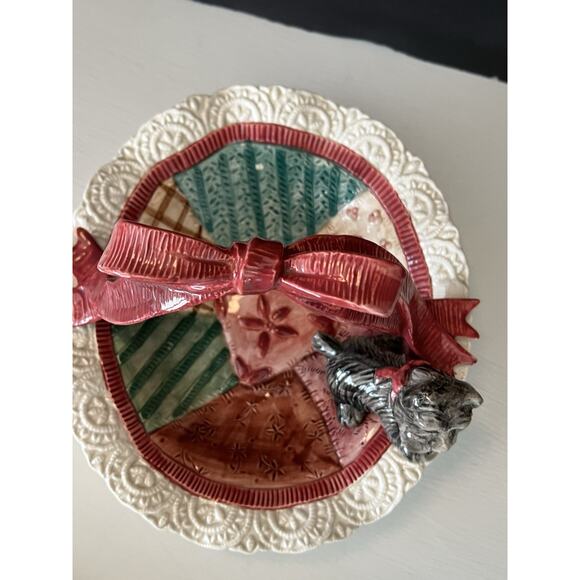 Retired Fitz & Floyd Candy Dish Scottie Dog In Quilted Basket & Bow Christmas - Picture 5 of 11